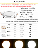 Saiyo LED Downlight 10pcs/lot Three Colors Dimming 5W 7W Recessed Gold White Silver Ceiling Lamp Aluminum Indoor Lighting