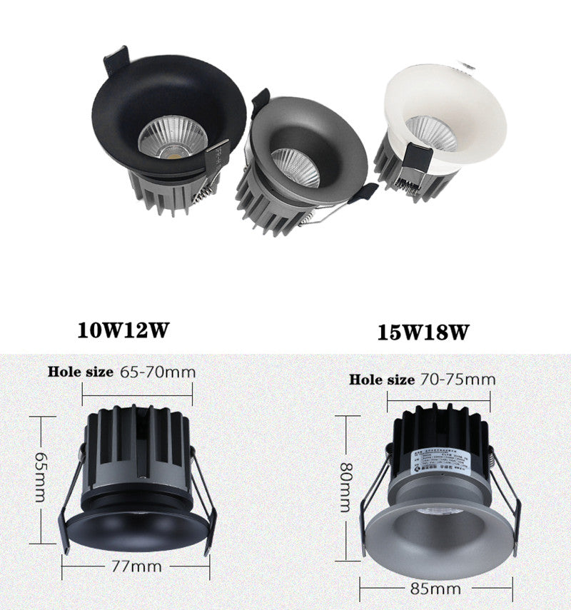 Anti-glare Dimmable Led Downlights COB Ceiling Spot Light 10W 12W 15W 18W AC90-265V Recessed Narrow Border Indoor Lighting