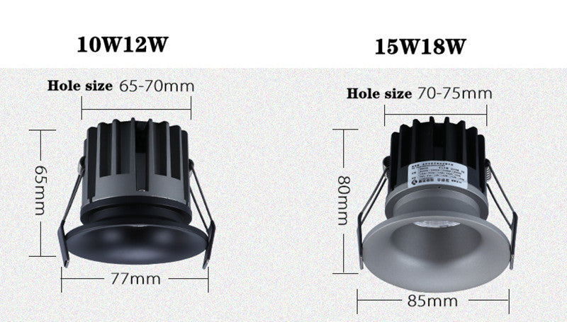 Anti-glare Dimmable Led Downlights COB Ceiling Spot Light 10W 12W 15W 18W AC90-265V Recessed Narrow Border Indoor Lighting