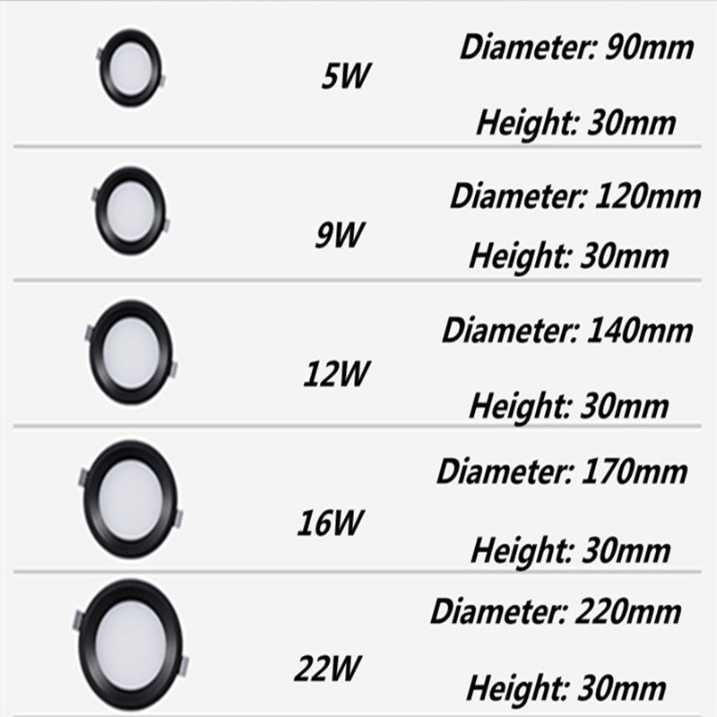 LED Downlight 5W 9W 12W 16W 22W Round Square Embedded LED Panel Light Downlight Black LED Ceiling Lamp Lights AC110V 220V