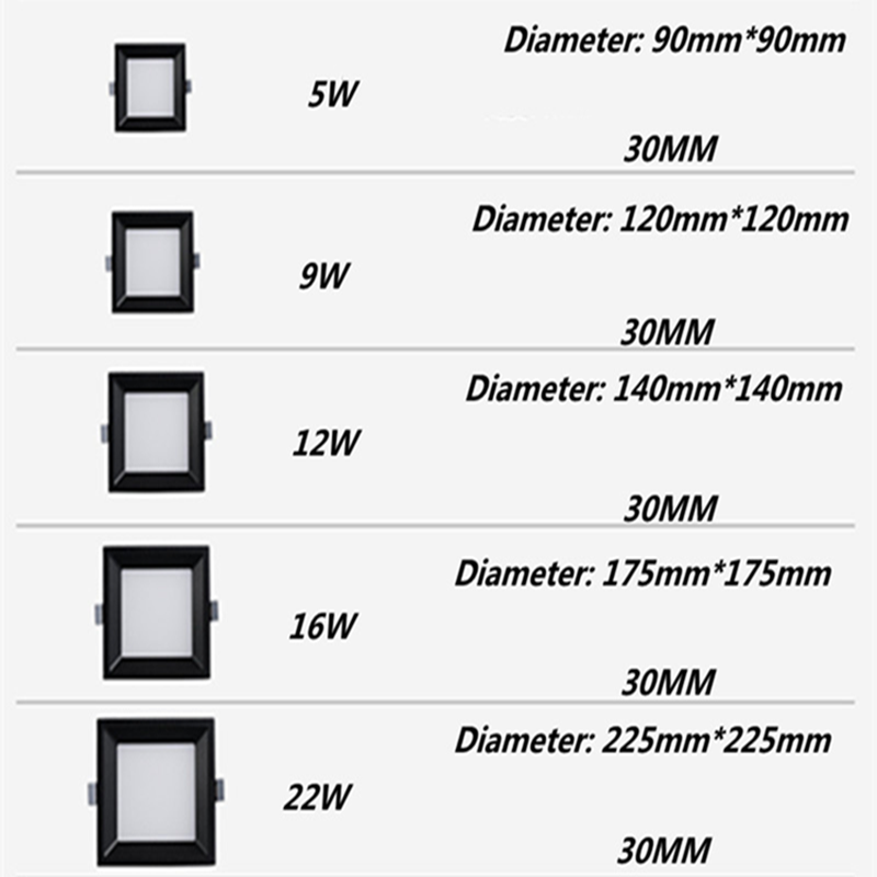 LED Downlight 5W 9W 12W 16W 22W Round Square Embedded LED Panel Light Downlight Black LED Ceiling Lamp Lights AC110V 220V