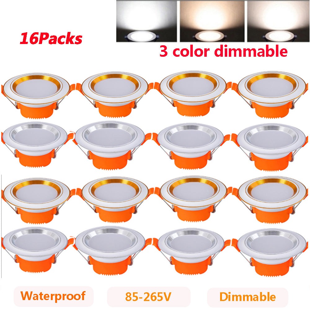 3 Color Dimmable LED Downlight 5W Recessed Ceiling Lamp 16 Pcs AC 85-220V Recessed Indoor Spot Lamp for Living Room Bar Office