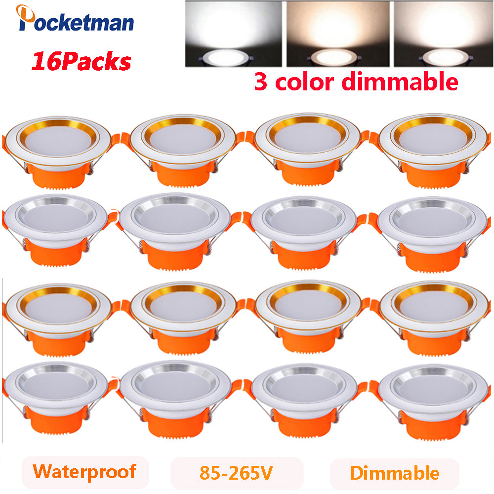3 Color Dimmable LED Downlight 5W Recessed Ceiling Lamp 16 Pcs AC 85-220V Recessed Indoor Spot Lamp for Living Room Bar Office