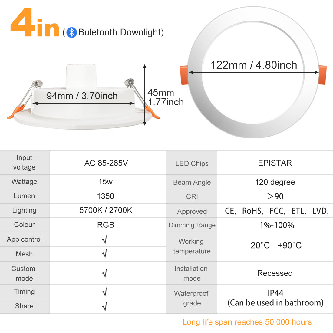 LED Downlights Spot Recessed 8W 15W 20W Wireless Bluetooth Compatible Dimmable Smart Ceiling Lamp RGB Color Changing APP Control