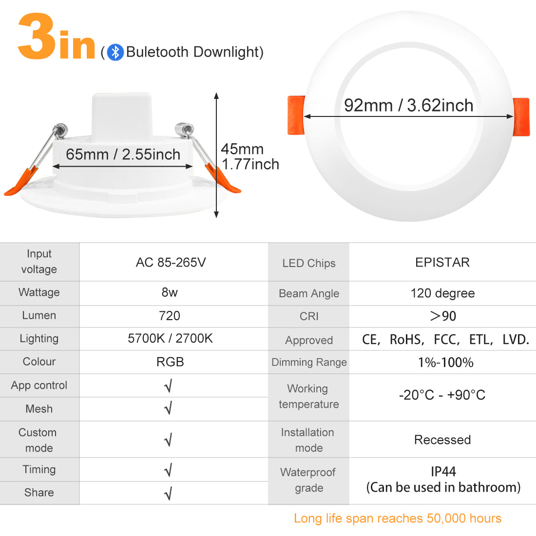 LED Downlights Spot Recessed 8W 15W 20W Wireless Bluetooth Compatible Dimmable Smart Ceiling Lamp RGB Color Changing APP Control