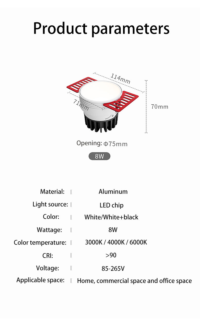 Saiyo LED Borderless Downlight 8W Spot Light Cut Hole 75mm Embedded Anti-glare Trimless Aluminum Recessed Lamp 85-265V For Home