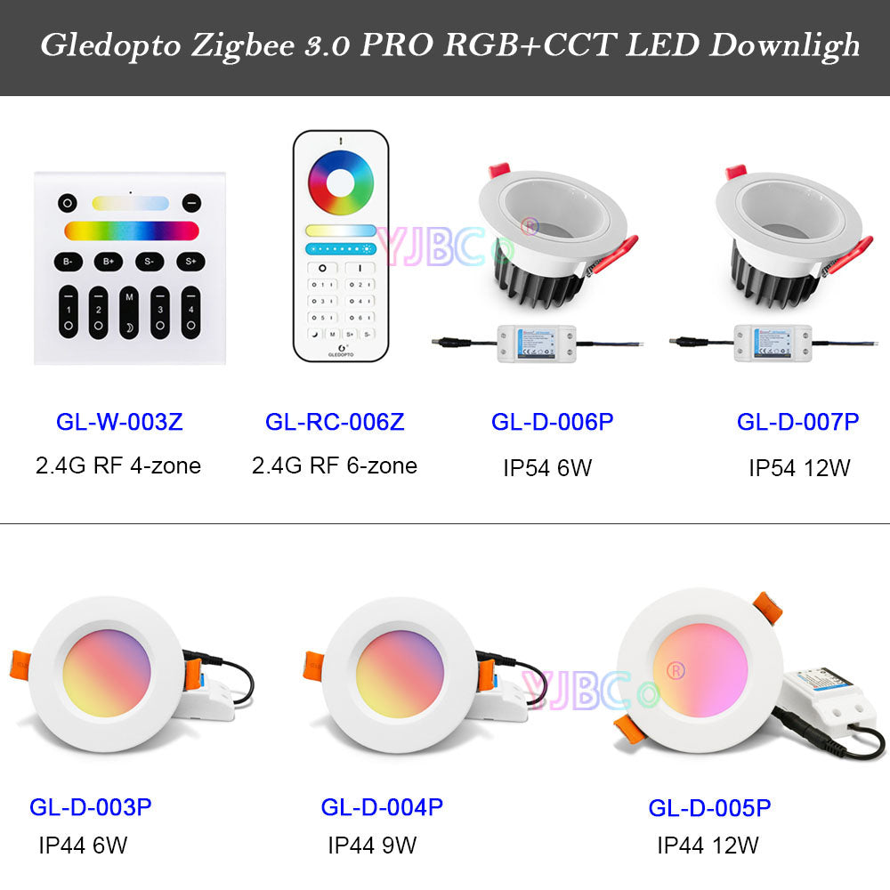 Zigbee 3.0 Pro RGB+CCT 6W 9W 12W LED Downlight IP44 IP54 Ceiling Light Compatible with Tuya APP RF Remote Voice Control