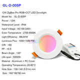 Zigbee 3.0 Pro RGB+CCT 6W 9W 12W LED Downlight IP44 IP54 Ceiling Light Compatible with Tuya APP RF Remote Voice Control