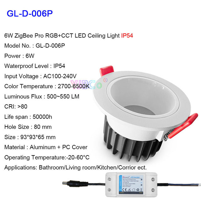 Zigbee 3.0 Pro RGB+CCT 6W 9W 12W LED Downlight IP44 IP54 Ceiling Light Compatible with Tuya APP RF Remote Voice Control