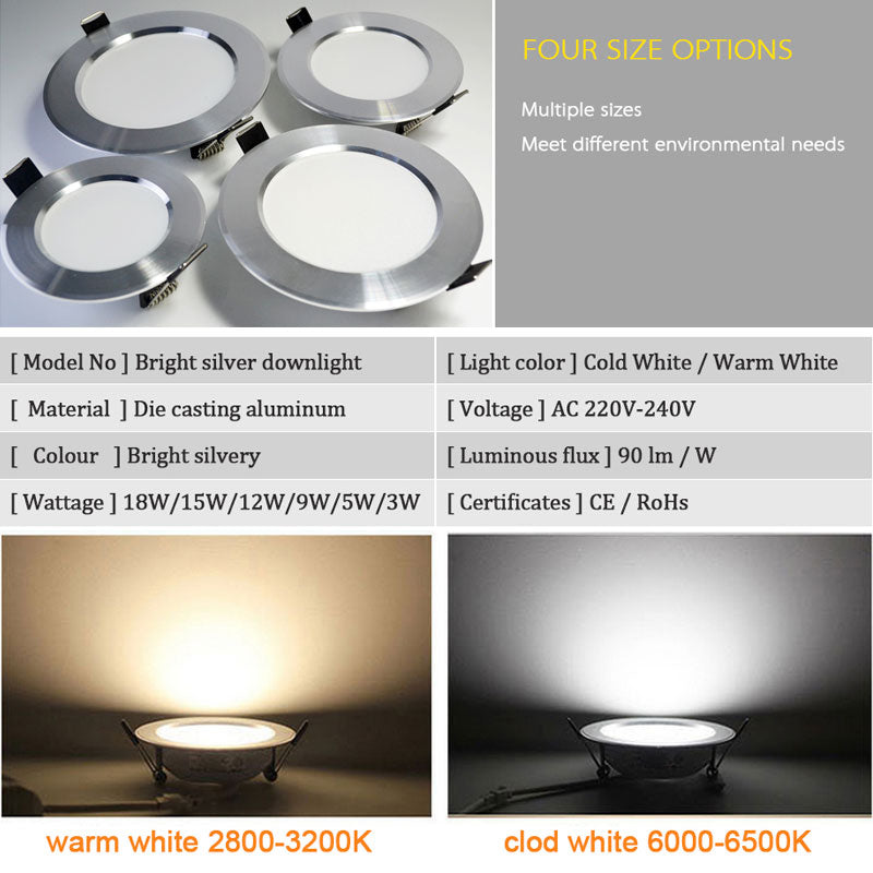 LED Downlight Ceiling silvery 3W 5W 7W 9W 12W 15W 18W Warm white cold white Bright silver led light AC 220V 230V 240V