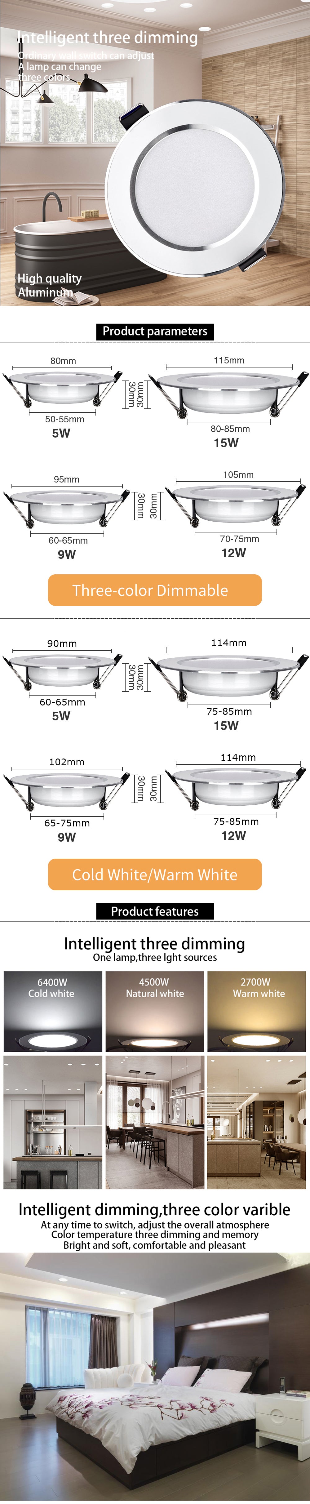 LED Downlight 220V Recessed Ceiling Lamp 5W 9W 12W 15W Tri-color light/white light/warm light 8PCS led Spotlight Indoor lighting