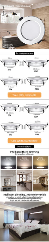 LED Downlight 220V Recessed Ceiling Lamp 5W 9W 12W 15W Tri-color light/white light/warm light 8PCS led Spotlight Indoor lighting