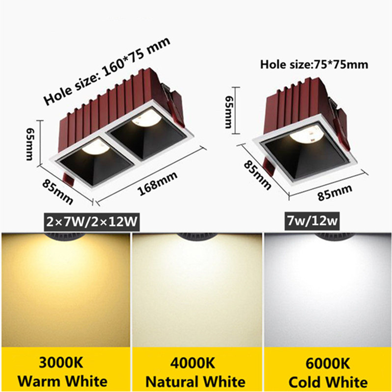 Dimmable 7W12W14W 24W Square Frameless NO Dazzling COB Recessed Downlight LED Ceiling Spot Light for Bedroom Living Room Kitchen