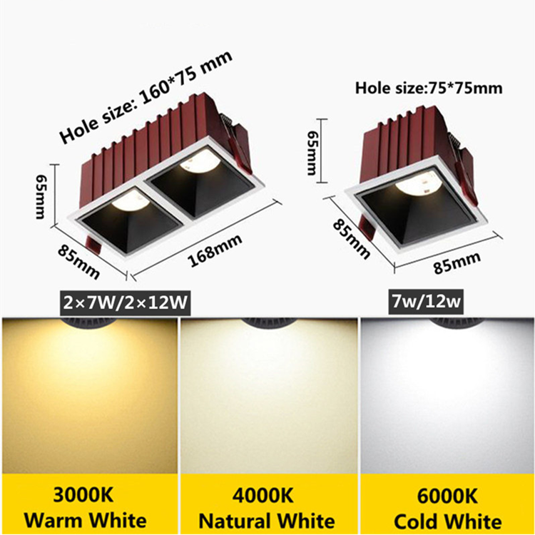 Dimmable 7W12W14W 24W Square Frameless NO Dazzling COB Recessed Downlight LED Ceiling Spot Light for Bedroom Living Room Kitchen