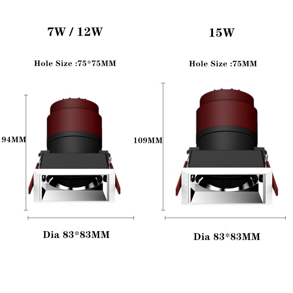DBF 2021 Anti-Glare Round/Square Ceiling Spot Lights 7W 12W 15W Black Reflector Hotel Wall Washer Embedded Downlights Dimmable