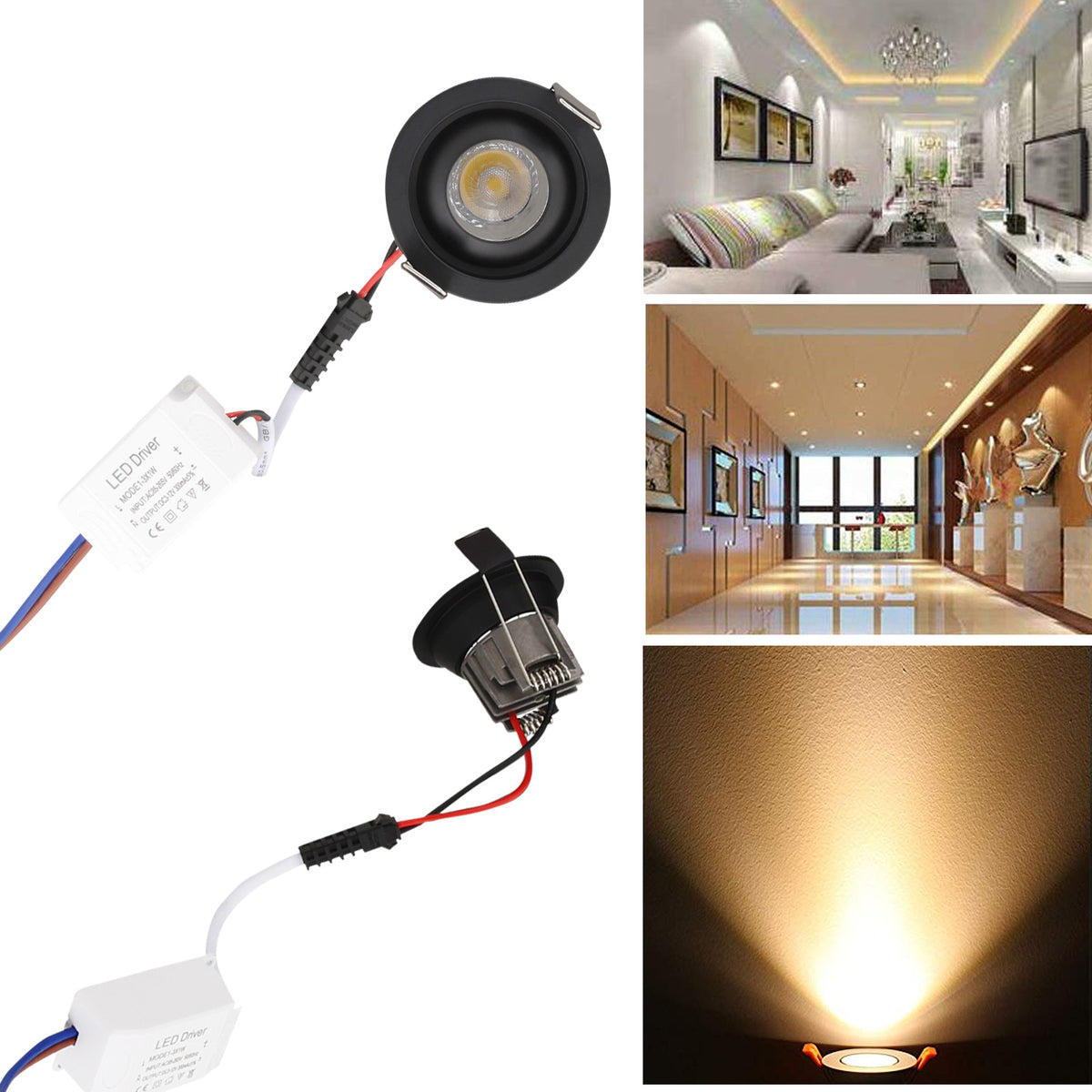 Dimmable LED COB 2.16in Recessed Ceiling Downlight Spotlight Lighting 110V 220V 3W 30W Equivalent Light Bright Lamps with Driver