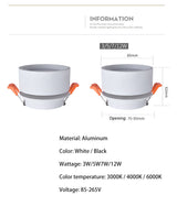 Saiyo Foldable LED Downlight 3W 5W 7W 12W Recessed Round Spot Light Aluminum Ceiling Lamp 75mm For Kitchen Home Indoor Lighting