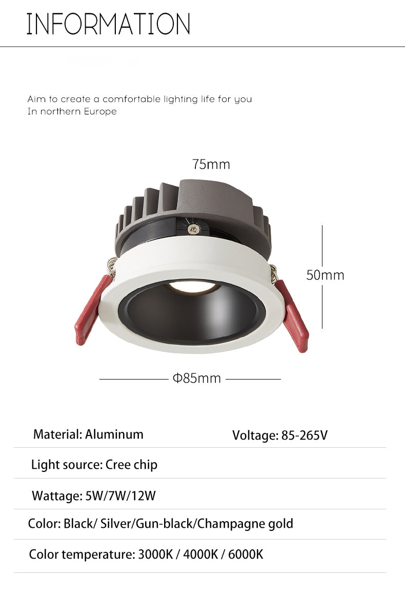 BRGT LED Short Spotlight Round Recessed Downlight Anti Glare 5W 7W 12W Ceiling Lamp Ultra Thin Cut 75mm For Living Room Lighting