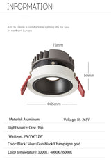 BRGT LED Short Spotlight Round Recessed Downlight Anti Glare 5W 7W 12W Ceiling Lamp Ultra Thin Cut 75mm For Living Room Lighting