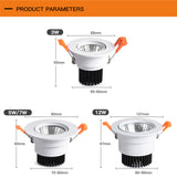 LED Recessed Ceiling Lighting 3W 5W 7W 12W COB Downlight, Dimmable 110V 220V Spotlight 3000K 4000K 6000K Led Pot Light