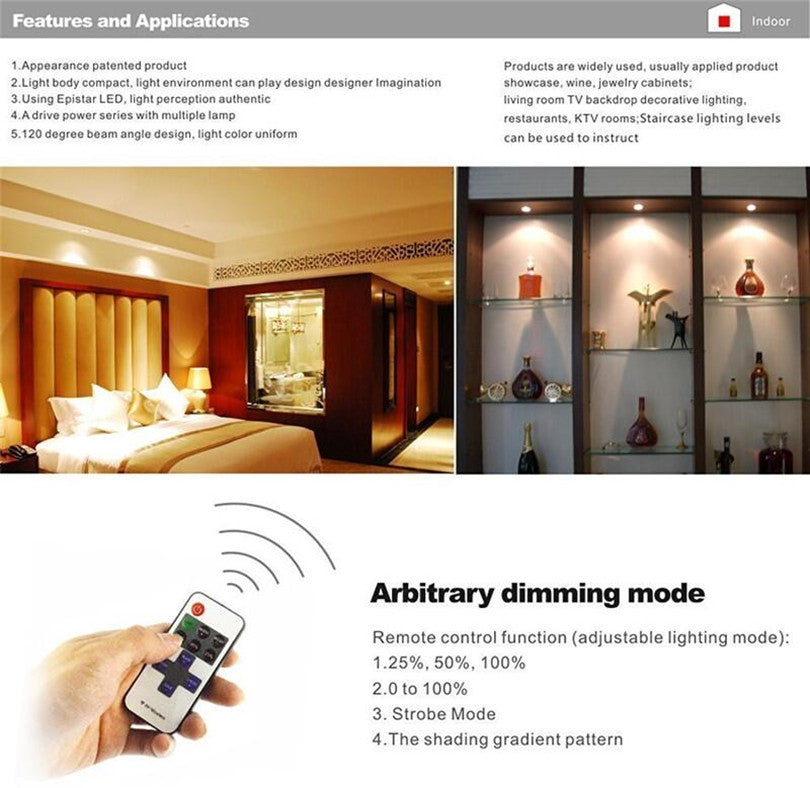 LED Lighting Puck Lights Downlight Spotlights 6W Under Cabinet 11-key RF Remote Control Dimmable for Kitchen Showcase