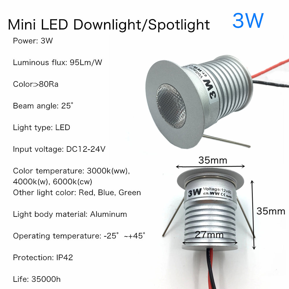 Indoor LED Mini Downlight 3W 1W Dimmable Recessed Down Light DC12V Aluminum Ceiling spot Lamp Under Bedroom Cabinet Spotlight