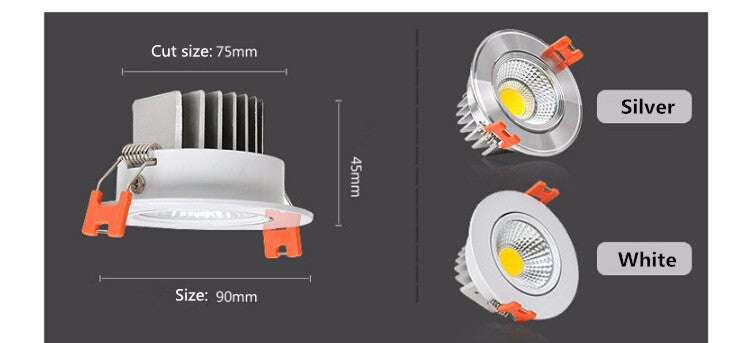 Dimmable Warm White/White/Cold White Silver/White shell COB 9W LED Downlight AC85-265V Recessed LED Down Lamp