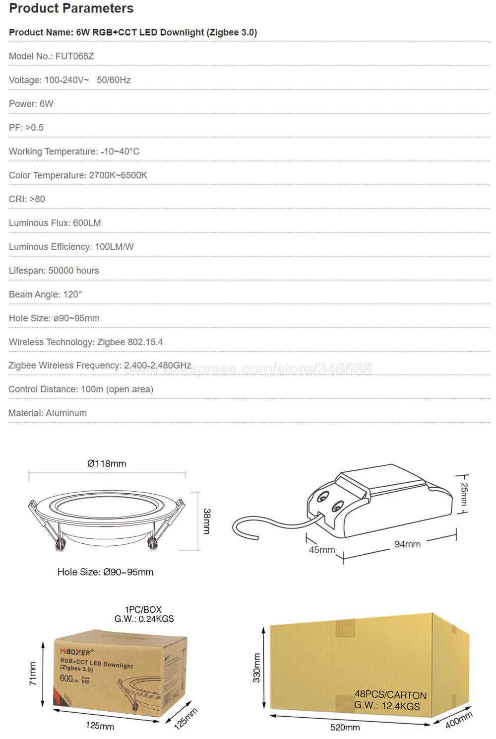 MiBoxer Zigbee 3.0 6W FUT068Z 12W FUT066Z RGB+CCT LED Downlight AC110 220V Ceiling Light Zigbee 3.0 Remote/APP/Voice Control