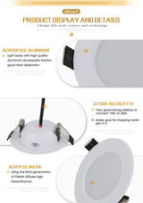 Aluminum Round Led Downlights 3 emitting color changeable Led Panel Light AC220-265V Recessed LED Ceiling down lights