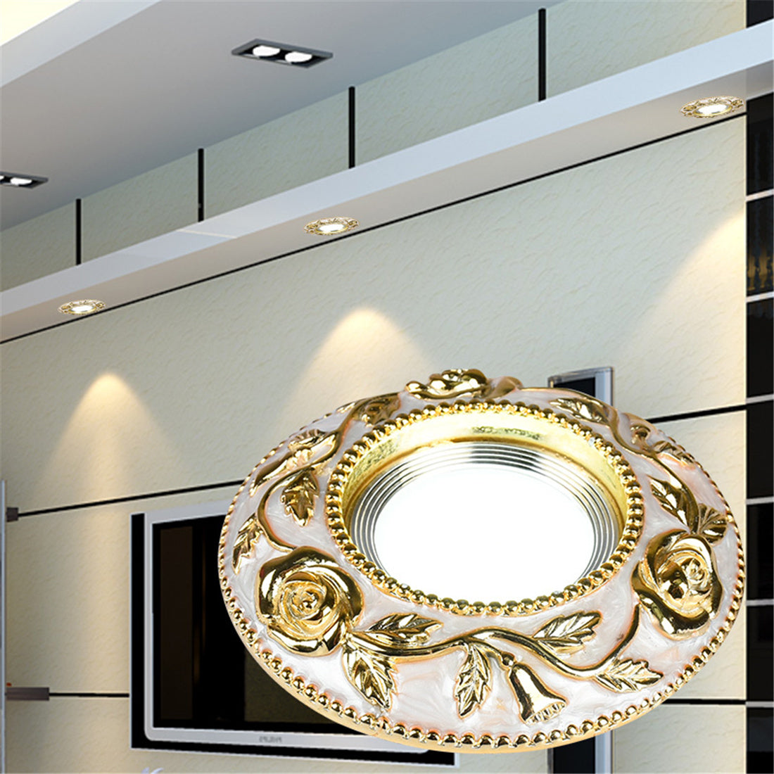 European Style Golden Rose Pattern Resin Led Embedded Downlight Living Room Restaurant Corridor Loft 5W 7W Recessed Spot Lamp