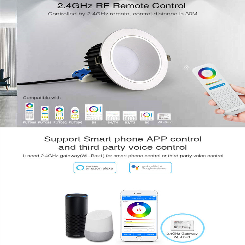 Miboxer Anti-glare RGB+CCT LED Downlight 6W 12W 18W Smart Led Ceiling Lamp AC100~240V For Living Room