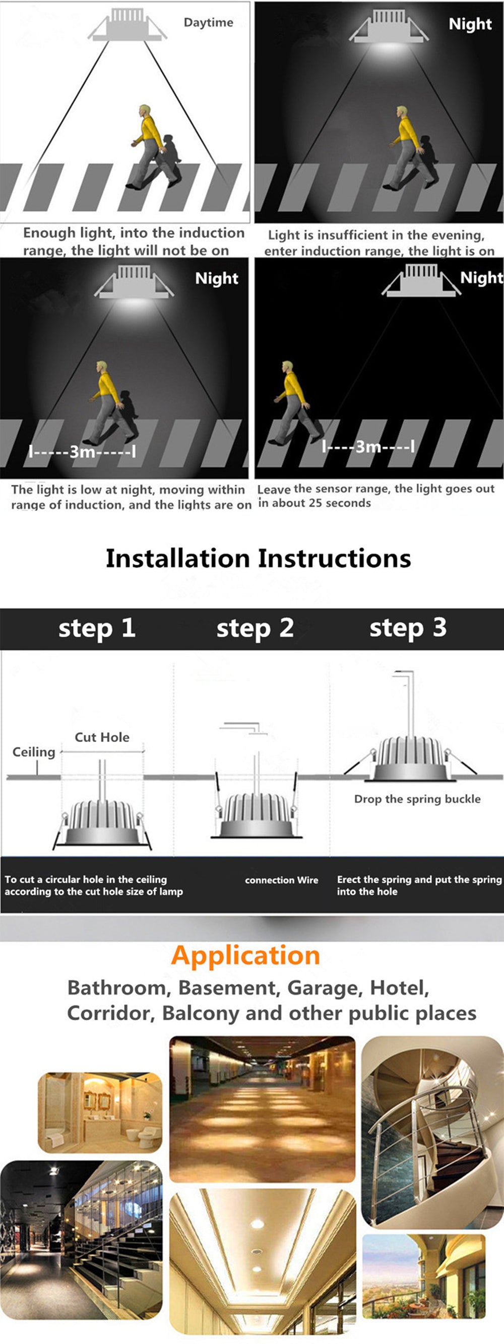 5W 7W 9W Recessed LED Ceiling Lamp Downlights Bathroom Stairs Balcony Hallways Light Garage Intelligent Radar Sensor Lights 220V