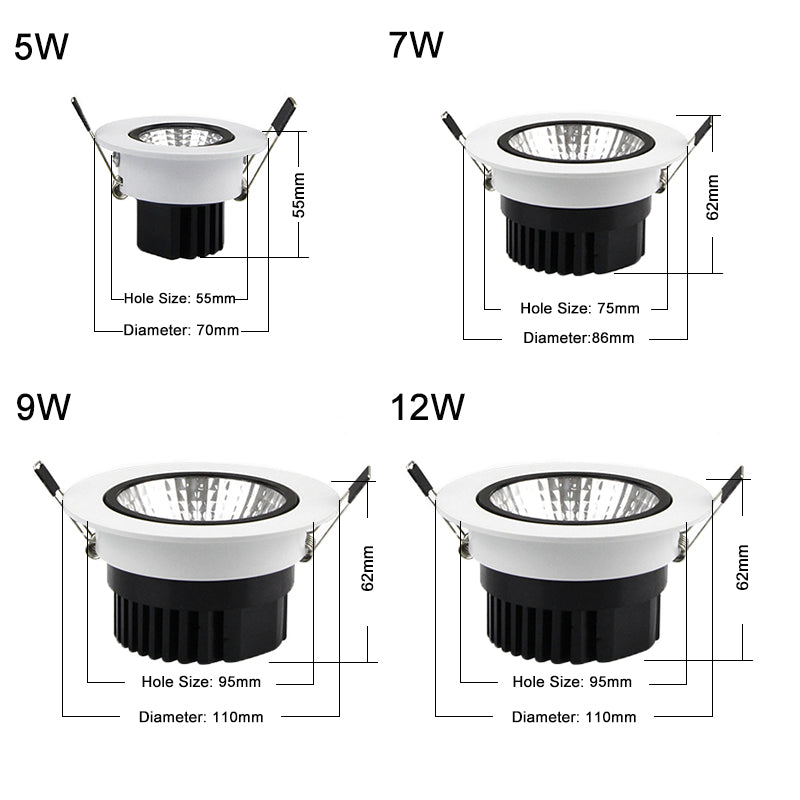 LED Downlight 5W 7W 9W 12W Spot LED Downlights Dimmable COB AC110V 220V Dimmable LED Spot Recessed LED Ceiling Down lamp