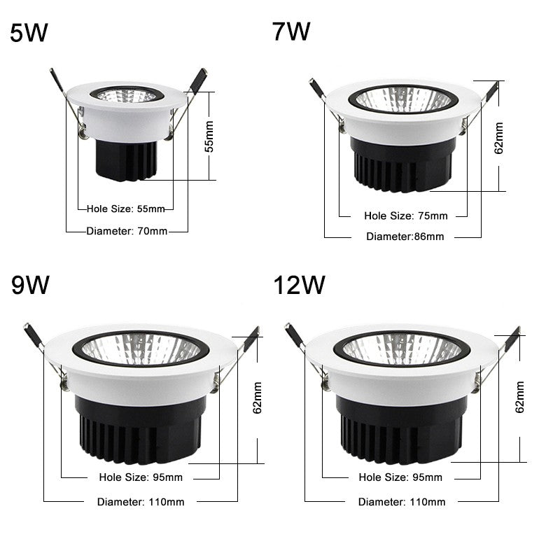 LED Downlight 5W 7W 9W 12W Spot LED Downlights Dimmable COB AC110V 220V Dimmable LED Spot Recessed LED Ceiling Down lamp