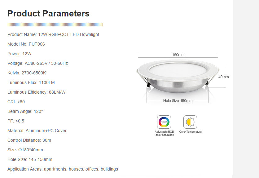 Miboxer 12W RGB+CCT LED Downlight Round AC 100V-240V Brightness adjustable smart LED Ceiling Spotlight