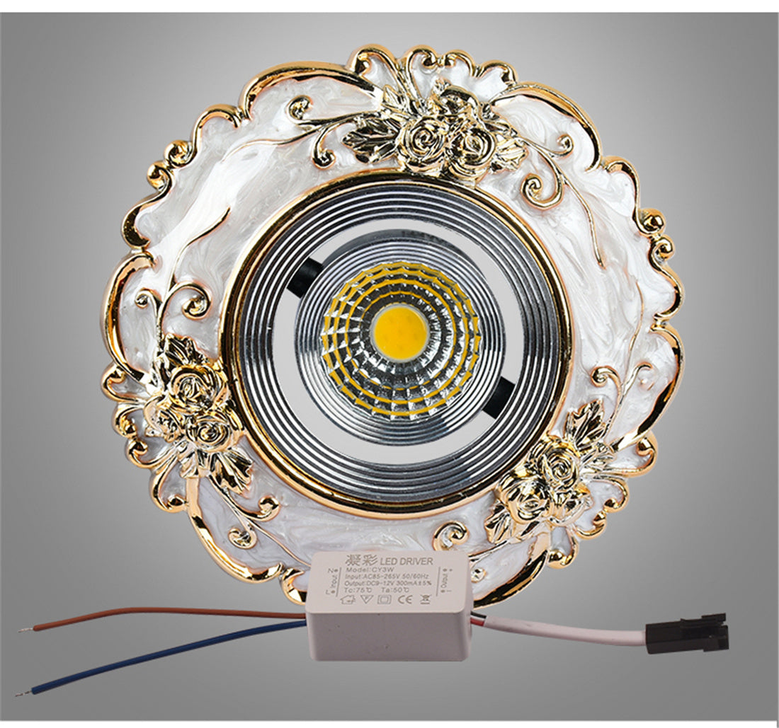 Art Deco Resin Golden Flower Pattern Cob Led Downlight 3W 5W 7W Indoor Home Living Room Aisle Recessed Spot Lamp 8Cm Hole 220V