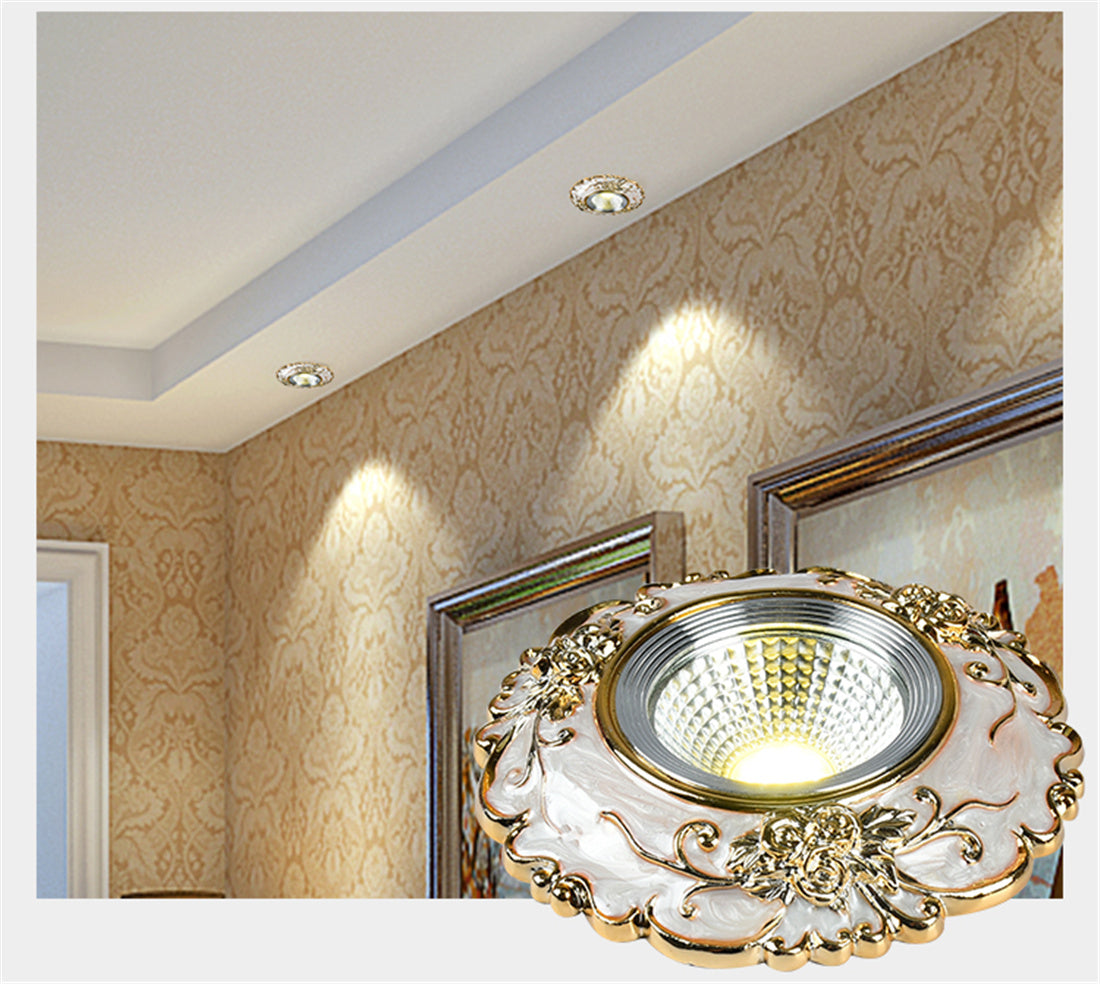 Art Deco Resin Golden Flower Pattern Cob Led Downlight 3W 5W 7W Indoor Home Living Room Aisle Recessed Spot Lamp 8Cm Hole 220V