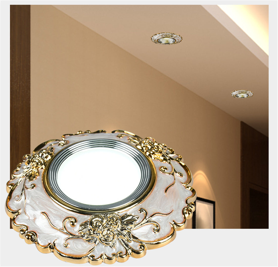 Art Deco Resin Golden Flower Pattern Cob Led Downlight 3W 5W 7W Indoor Home Living Room Aisle Recessed Spot Lamp 8Cm Hole 220V