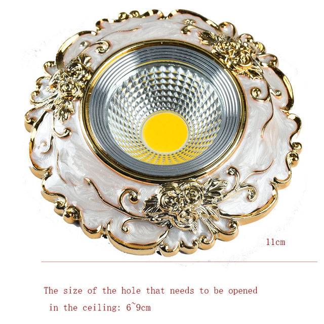 Art Deco Resin Golden Flower Pattern Cob Led Downlight 3W 5W 7W Indoor Home Living Room Aisle Recessed Spot Lamp 8Cm Hole 220V