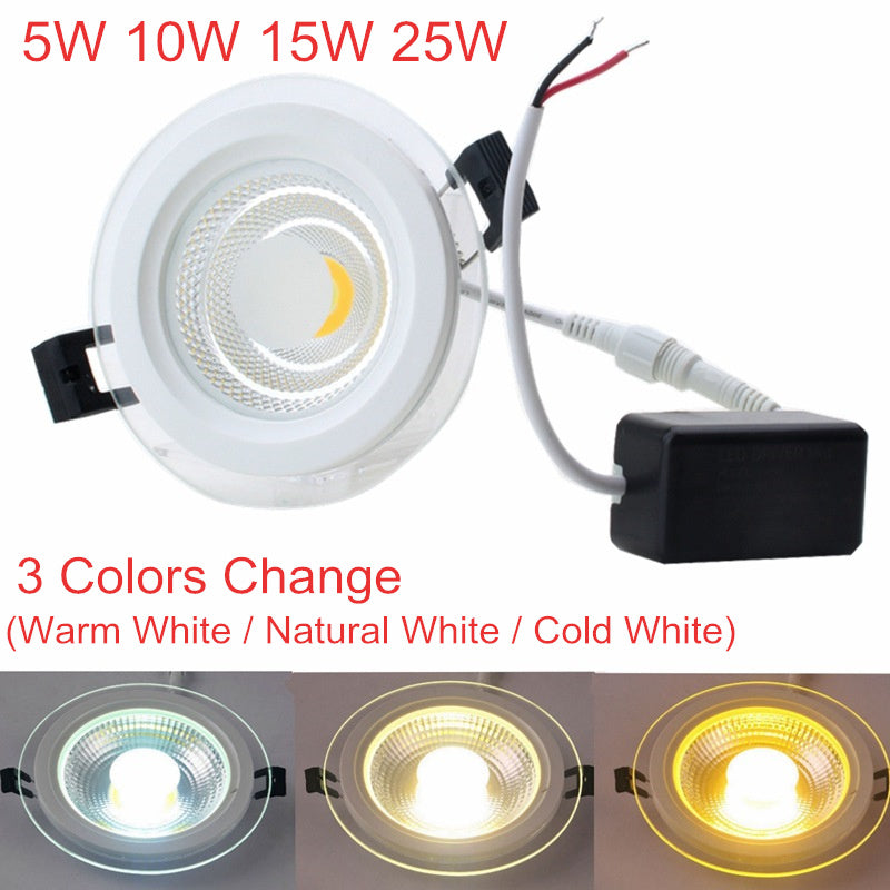 LED Downlight 3 Colors Change(3000K/4000K/6000K) 5W 10W 15W 25W COB LED Panel Light AC85-265V Recessed Glass LED Downlights