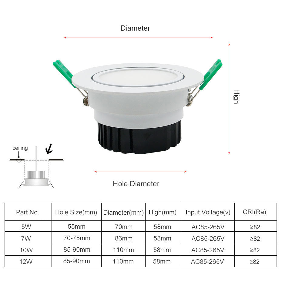 Dimmable Led downlight light COB Ceiling Spot Light 110v 220v 5w 7w 10w 85-265V ceiling recessed downlights Indoor Lighting