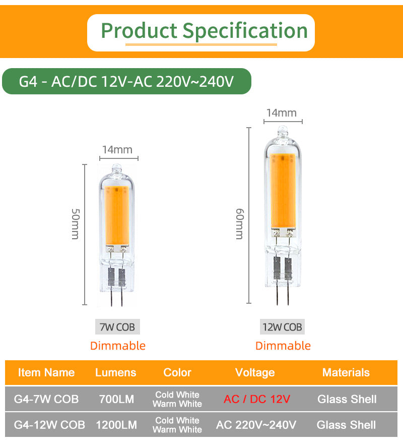 KPS  LED G4 G9 Bulb 7W 9W 12W 220V COB Glass Lamp Super Bright Constant Power Lamp Lighting Replacement Halogen