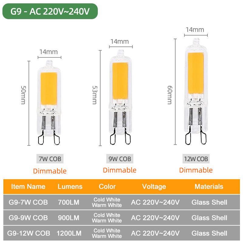 KPS  LED G4 G9 Bulb 7W 9W 12W 220V COB Glass Lamp Super Bright Constant Power Lamp Lighting Replacement Halogen