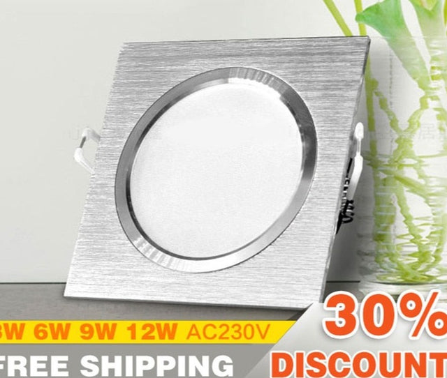 LED Downlights Square Brush silver 3W 6W 9W 12W AC220V 230V LED Ceiling Lamp Down Light for Kitchen/Home/Office Indoor Lighting