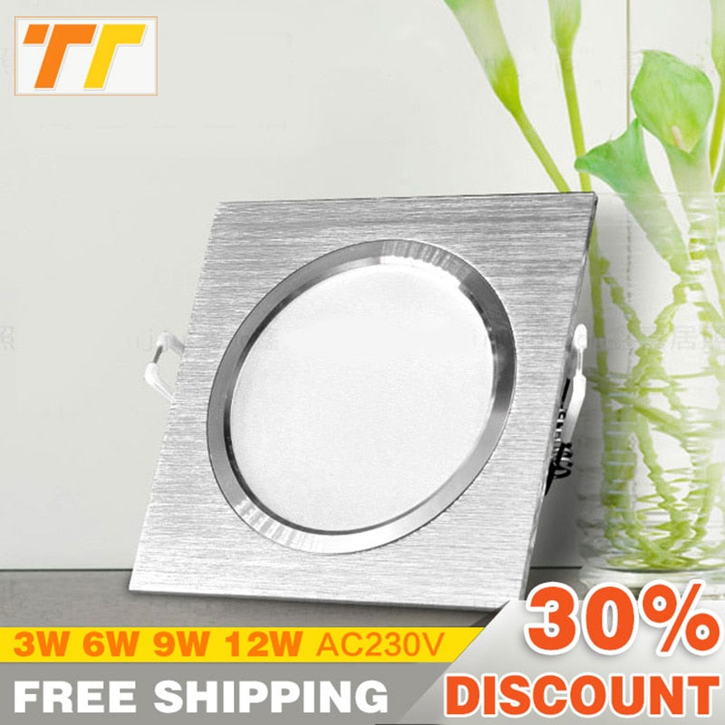 LED Downlights Square Brush silver 3W 6W 9W 12W AC220V 230V LED Ceiling Lamp Down Light for Kitchen/Home/Office Indoor Lighting