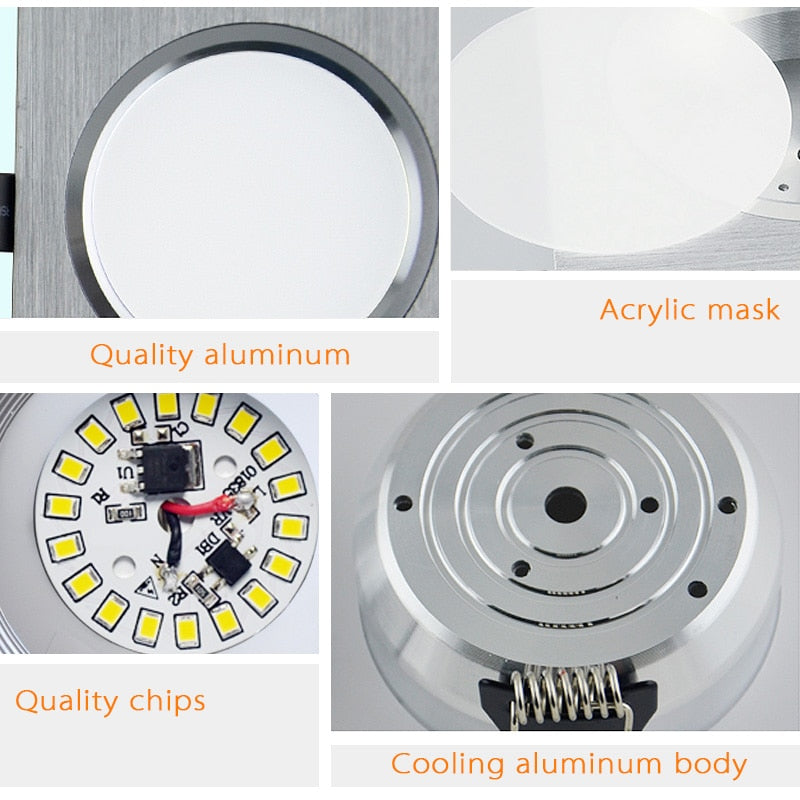 LED Downlights Square Brush silver 3W 6W 9W 12W AC220V 230V LED Ceiling Lamp Down Light for Kitchen/Home/Office Indoor Lighting