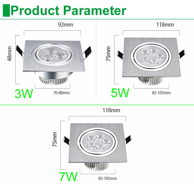 Led Downlight 3W 5W 7W Square Spot Lighting Lamp AC110V 240V Dimmable Down Lights Led Cabinet Light Black/silver
