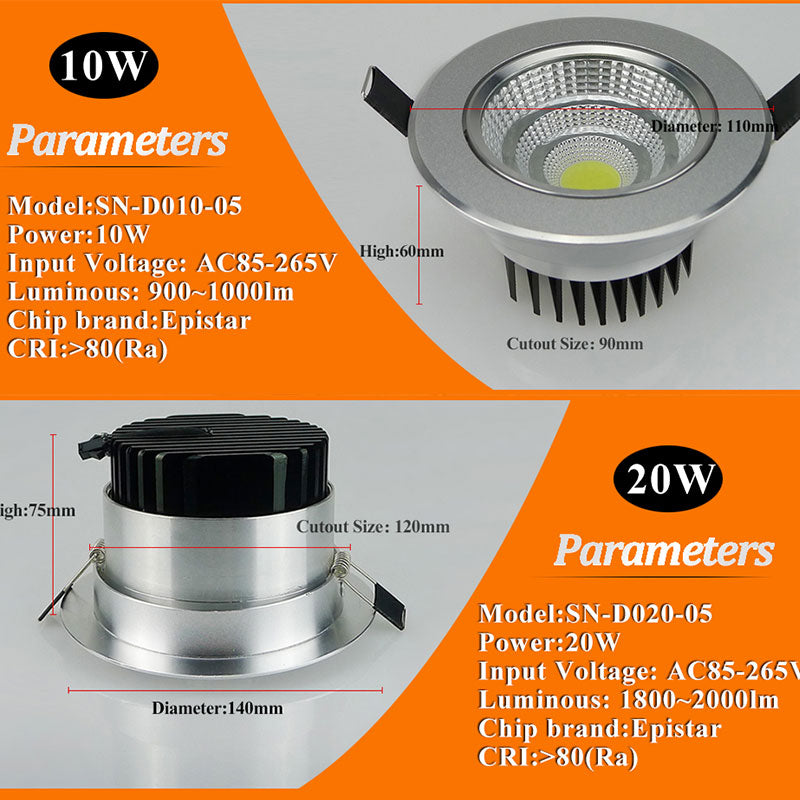 Super Bright Dimmable Led Down light COB Ceiling Spot Light 5w 10w 20w ceiling recessed Lights Warm Cool White Indoor Lighting