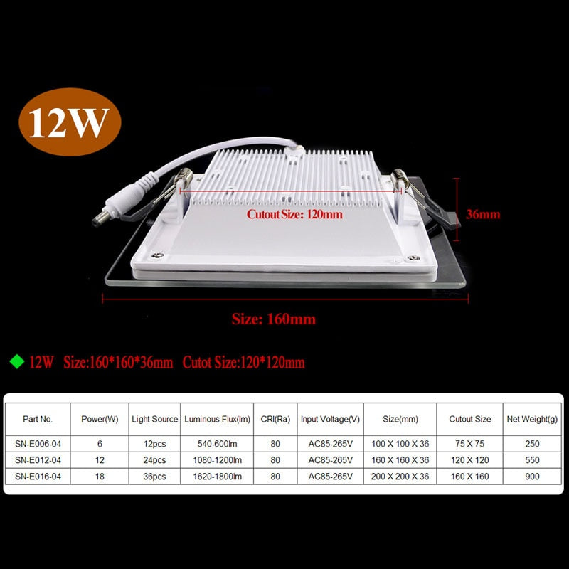 Dimmable LED Panel Downlight Square Glass Panel Lights High Brightness Ceiling Recessed Lamps For Home SMD5730 AC110V AC220V