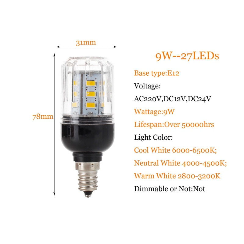 Led bulb E27 E14 E12 E26 5730SMD 110V 220V DC 12V 24V 27LEDs 7W Led Corn Lamp Christmas Chandelier Candle Lighting